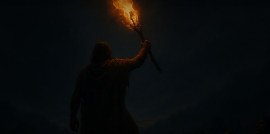 O SON OF BEING concept key art — a figure raises a burning torch against the night sky